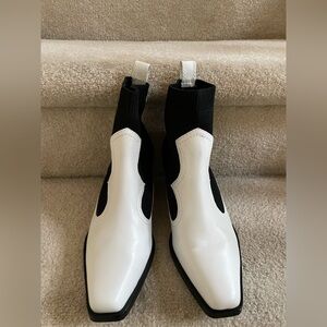 Zara Black Knit / White Leather Cowboy Ankle Boots. Size 6.5, Heel: 2”